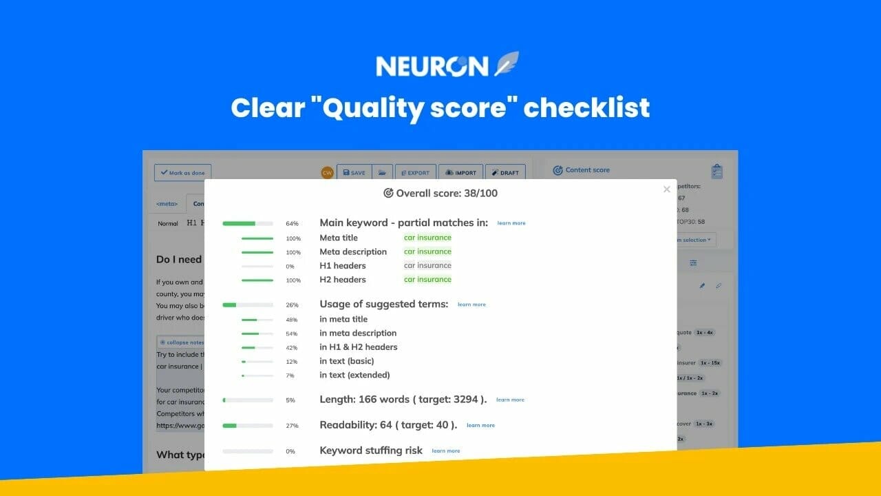 capture d'écran de l'outil d'analyse de contenu de neuron writer