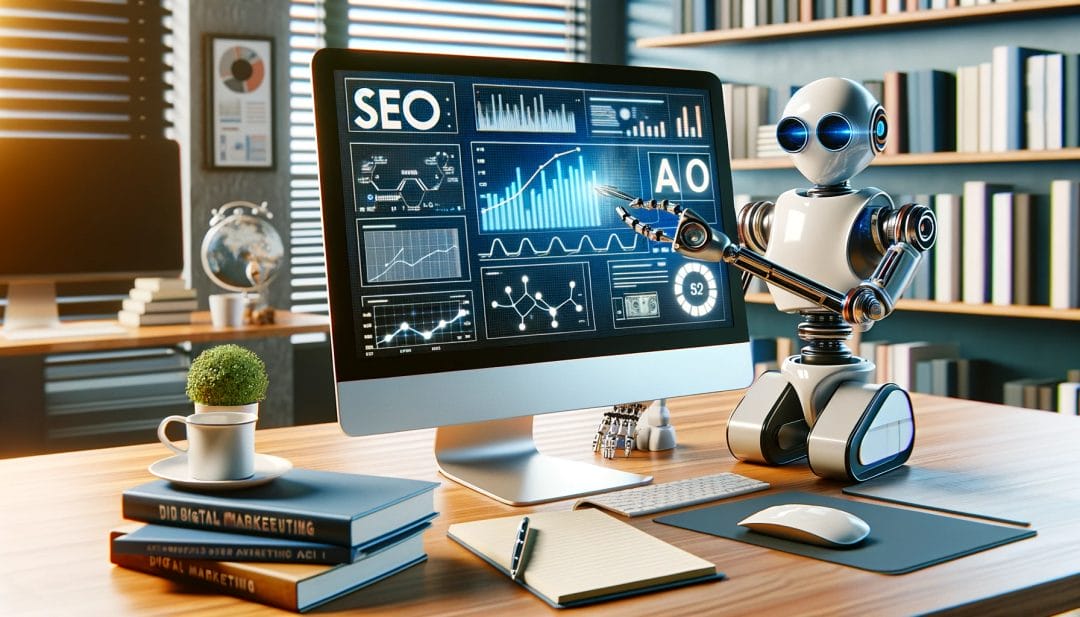 DALL·E 2024-05-2Outils SEO Gratuits Basés sur l'IA : Guide Complet8 23.22.55 - A high-quality, realistic image for an article about SEO and AI. The image features a modern workspace with a computer screen displaying a SEO dashboa Outils SEO Gratuits Basés sur l'IA : Guide Complet